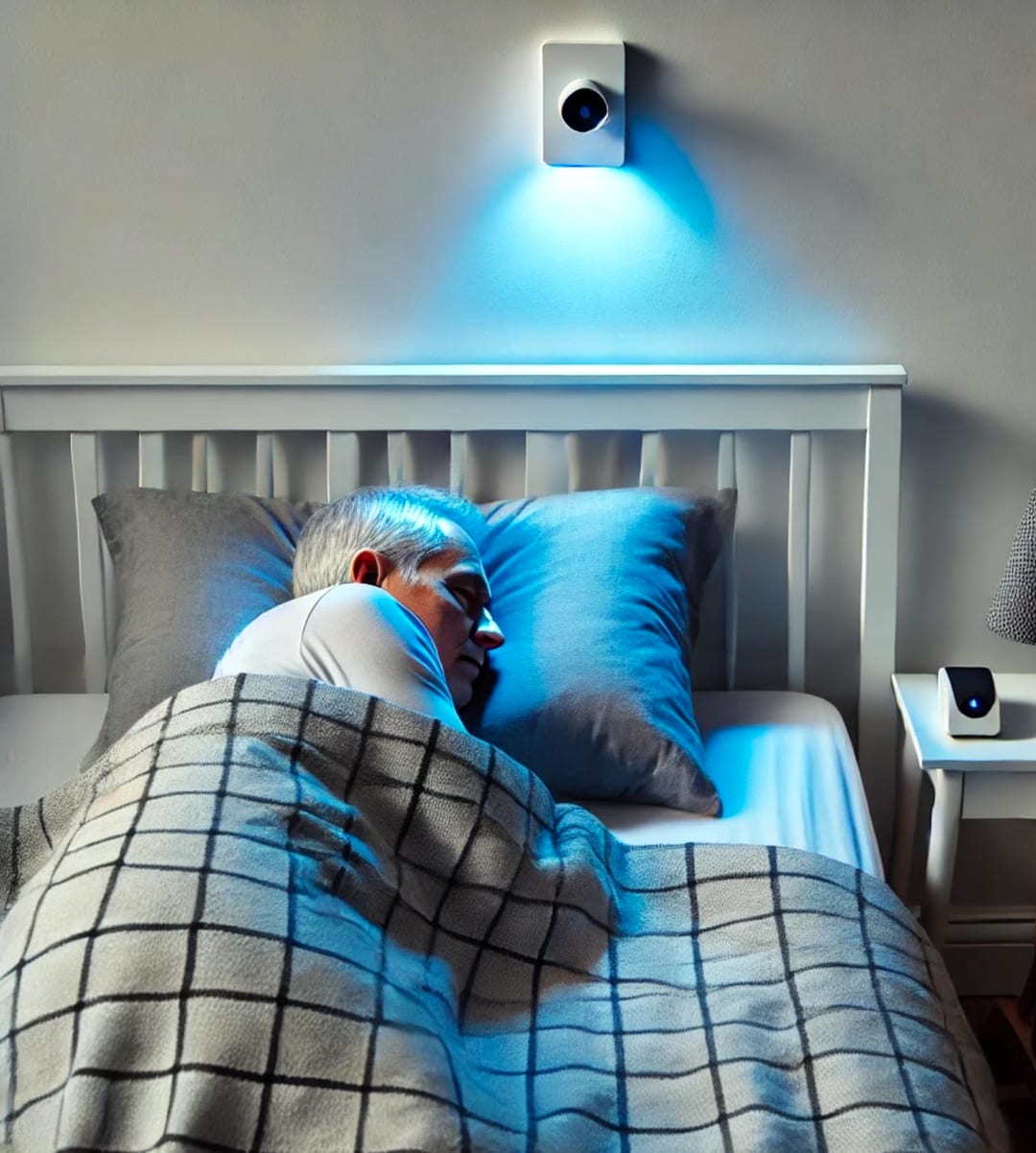 An older man sleeps while a wall-mounted NeuraSense sensor monitors him with a soft signal — no camera, no wearable.